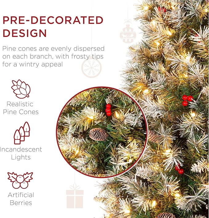 Best Choice Products 9ft Pre-Lit Pencil Christmas Tree, Partially Flocked Pre-Decorated for Home, Skinny Frosted Holiday Tree w/ 1,298 Tips, 460 Lights, Pine Cones, Metal Hinges & Base