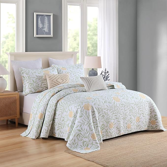 Homzard Floral Quilt King Size - Cotton Green Sage Comforter Set, Farmhouse Floral Leaves Bedspread (106"x98") with 2 Pillow Shams, Lightweight King Quilt Bedding Garden Quilts