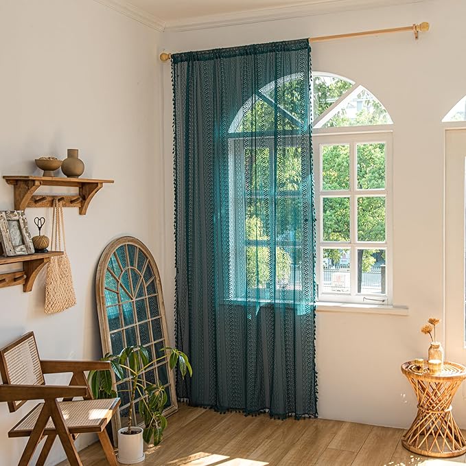 Sutuo Home Turquoise Boho Curtains 90 inches Long for Bedroom Living Room Dining Room, Crochet Lace Sheer Bohemian Hollow with Tassels, Country Window Treatment Drapes, 1 Panel 59" W x 90" L