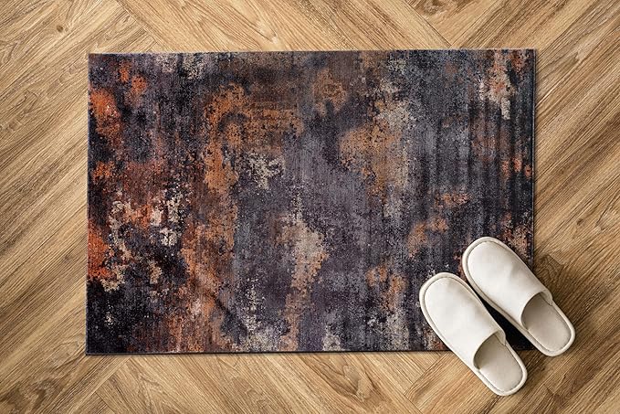 Non Slip Rugs 2x3 Modern Abstract Easy Silk Rubber Backing Soft Entryway Area Rug for Door Mat Easy to Clean Non Shedding Kitchen for Bedroom Indoor Carpet (Black - Copper, 2x3)