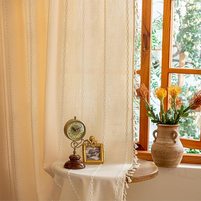 Sutuo Home Boho Curtains for Bedroom Living Room, Light Filtering Linen Farmhouse Vintage Shabby Chic Tassels Window Treatment Bohemian Embroidery Drape, Rod Pocket 1 Panel 52" W x 108" L, Champagne