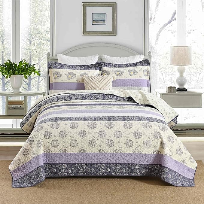 Homzard Floral Comforter Set Queen Size,Purple Lavender Beige Queen Size Quilt Set,All Cotton Quilted Comforter,Striped Floral Pattern Bedding Bedspread, 3 Piece All Season