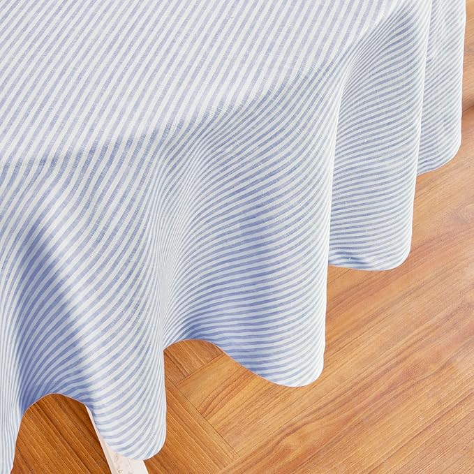 Solino Home Round Linen Tablecloth 70 Inch - Narrow Stripe, 100% Pure Linen Cornflower Blue and White Round Table Cloths - Machine Washable Tablecloth