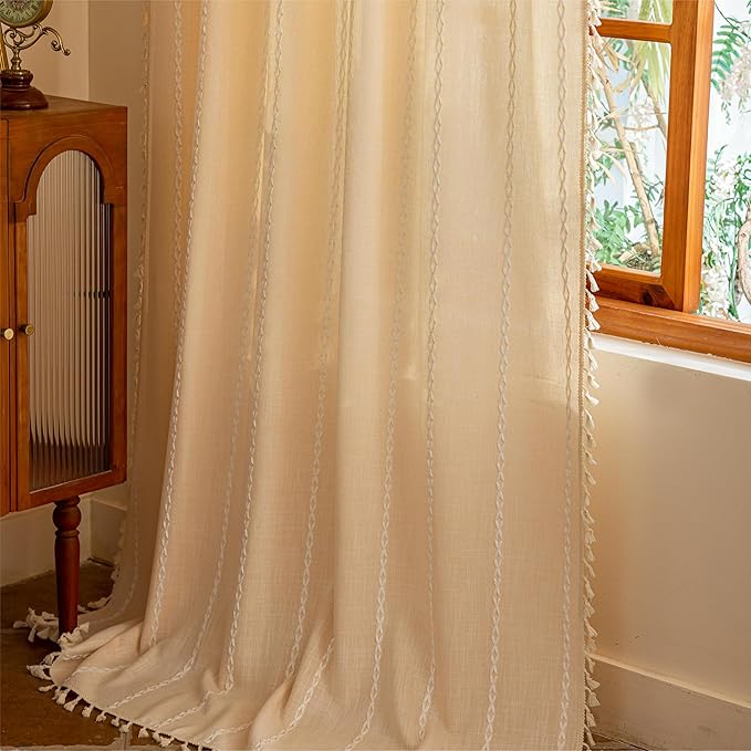 Sutuo Home Boho Curtains for Bedroom Dining Room Kitchen,Light Filtering Linen Farmhouse Shabby Chic Tassels Window Treatment Bohemian Embroidery Drape, Rod Pocket 1 Panel 52" W x 72" L, Champagne