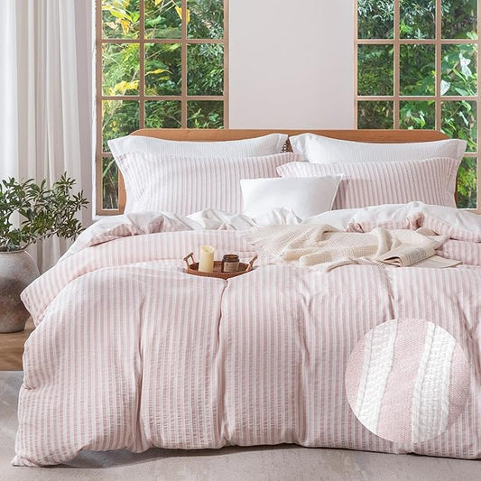 MILDLY Pink Striped Duvet Cover - 100% Washed Cotton Jacquard Boho Textured Comforter Cover 2pcs with Corner Ties Zipper Closure 68"x90"