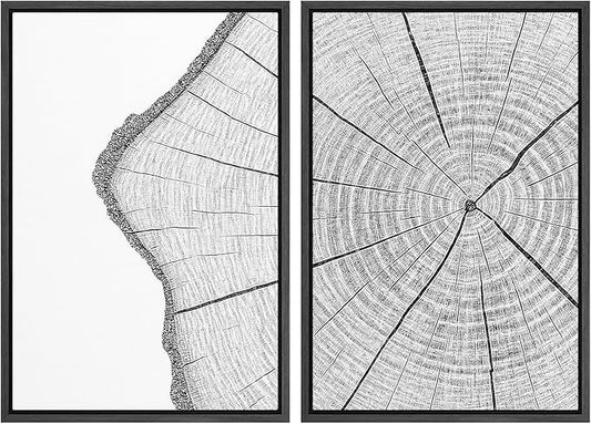 SIGNWIN Framed Canvas Print Wall Art Set Wood Grain Cross Section Minimalist Tree Ring Line Zen Bohemian for Living Room, Bedroom, Office - 16"x24"x2 BLACK