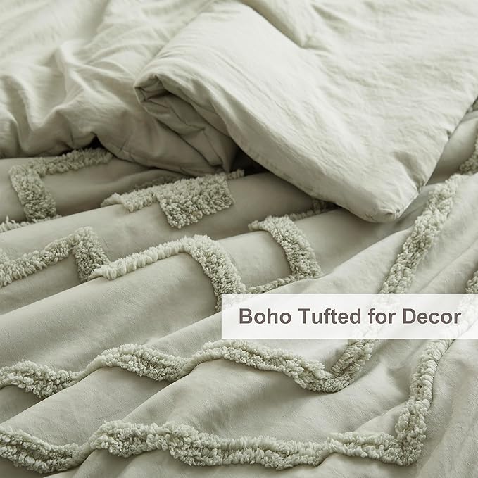 Oli Anderson Boho Tufted Comforter Set King Size, 3 Pcs Soft Jacquard Bedding Set for All Seasons, Shabby Chic Farmhouse Bedding Set with Comforters for All Seasons (Mist Sage, King)
