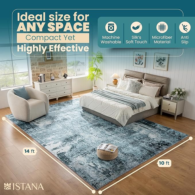 Istana Living Room Rug 10x14 - Blue 10 x 14 Area Rug - Foldable Machine Washable Area Rugs 10x14 - Stylish 10x14 Area Rugs Boho - Stain Resistant Washable Rug 10x14
