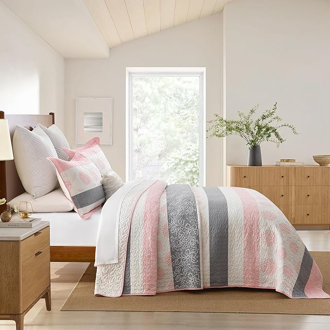 Homzard Quilts Queen Size,Cotton Pink Comforter Set Queen,Pink White Grey Bedding Set,Striped Floral Pattern Bedspread (90 * 98 Inches),3 Piece
