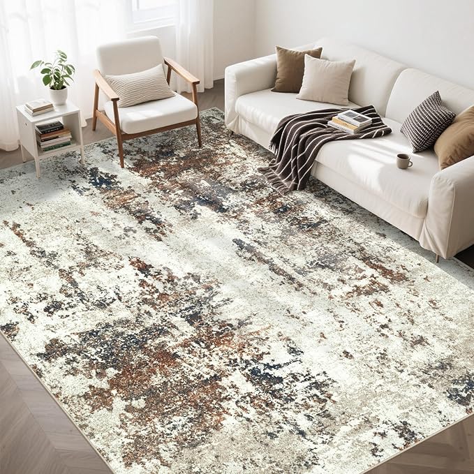 Living Room Rug 6x9 Rug, Machine Washable Modern Abstract Rug Soft Neutral Area Rug Non-Slip Stain Resistant Large Rugs for Living Room Dining Room Bedroom Dorm Office(Brown,6'x9')