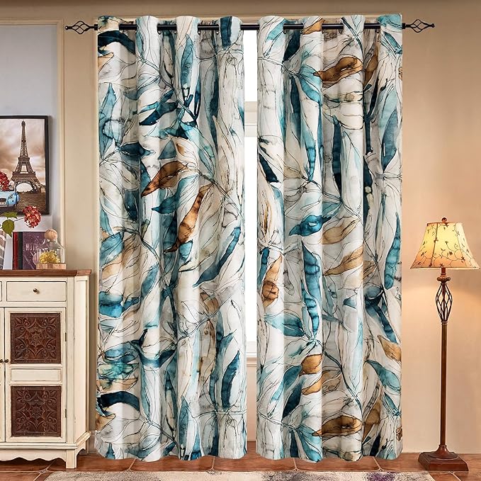 SUBRTEX Light Flitering Curtains 52Wx72L, Room Darkening Vibrant Floral Drapes, 50% Blackout, Semi Sheer Boho Farmhouse Curtains for Living Room, Blue