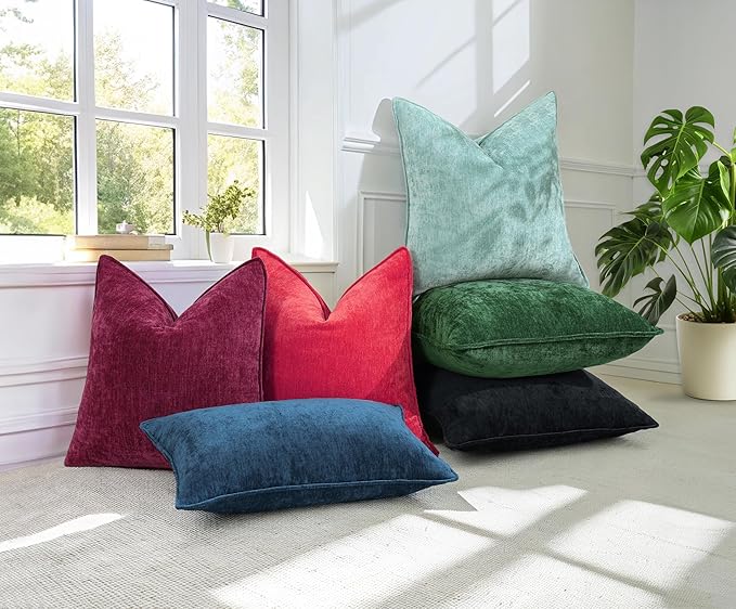 decorUhome Christmas Couch Throw Pillow Covers 18x18 Set of 2, Decorative Soft Euro Velvet Neutral Chenille Pillow Covers with Elegant Design for Sofa Bed Living Room Home Decor, Green
