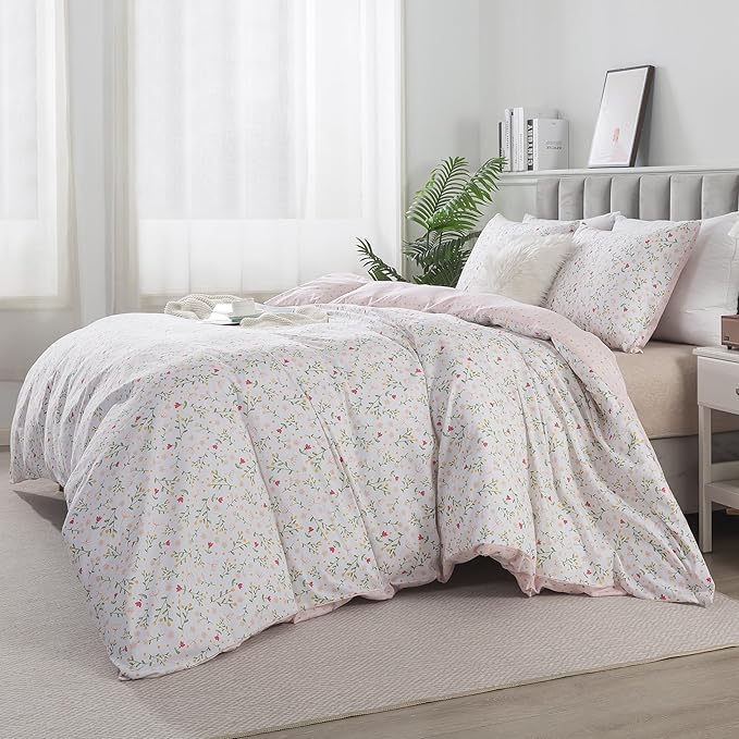 HoneiLife Floral Duvet Cover Queen - 100% Cotton Comforter Cover, Botanical Bedding Duvet Cover Sets with Zipper Closure & Corner Ties, 3-PC Wildflower Comforter Cover Sets, Early Spring