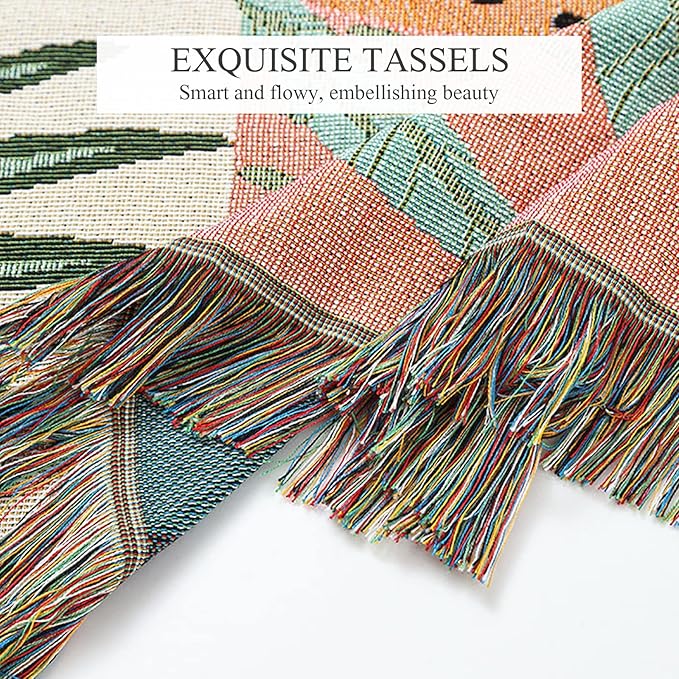 Double-Sided Cotton Woven Throw Blanket with Tassel Jungle Bohemian Style Tapestry Shawl Multi-Function Decorative Throws for Sofa Bed Armchair Camping Blanket Tablecloth Carpet 160x130cm