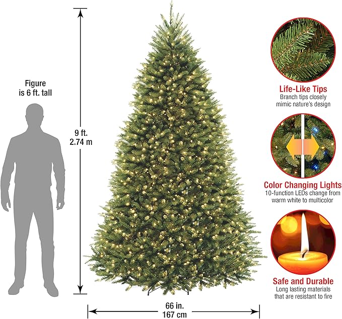 National Tree Company 9 ft Pre-Lit Dunhill Fir Artificial Christmas Tree, 900 LED Lights, 4,029 Tips, PowerConnect, Foot Pedal, 10 Light Functions, Includes Stand, Green