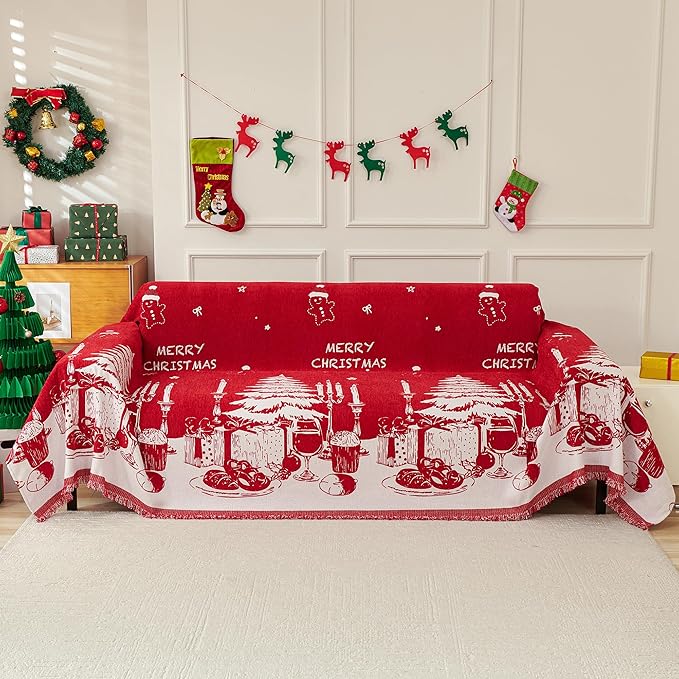 MYSKY HOME Christmas Couch Cover, Sofa Cover for 3 Cushion Couch, Non-Slip Soft Sofa Slipcover Protector, Sofa Covers Washable, Couch Covers for Sectional Sofa, Sofa Towel for Pet Cat Dog, 71" x 134"