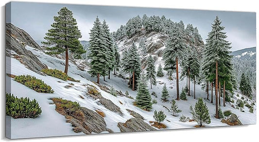 GUTTATY Christmas Winter Scene Canvas Wall Art, Snowy Forest Canvas Prints, Pine Tree Wall Painting, Serene Nature Poster Picture, Tranquil Landscape Wall Decor for Living Room, Bedroom, 32x16 Inch