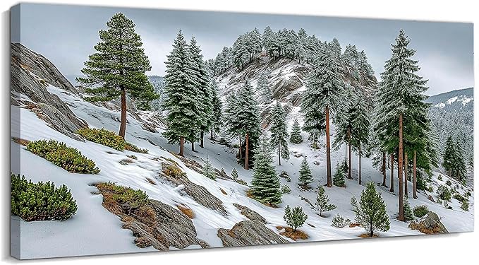 GUTTATY Christmas Winter Scene Canvas Wall Art, Snowy Forest Canvas Prints, Pine Tree Wall Painting, Serene Nature Poster Picture, Tranquil Landscape Wall Decor for Living Room, Bedroom, 48x24 Inch