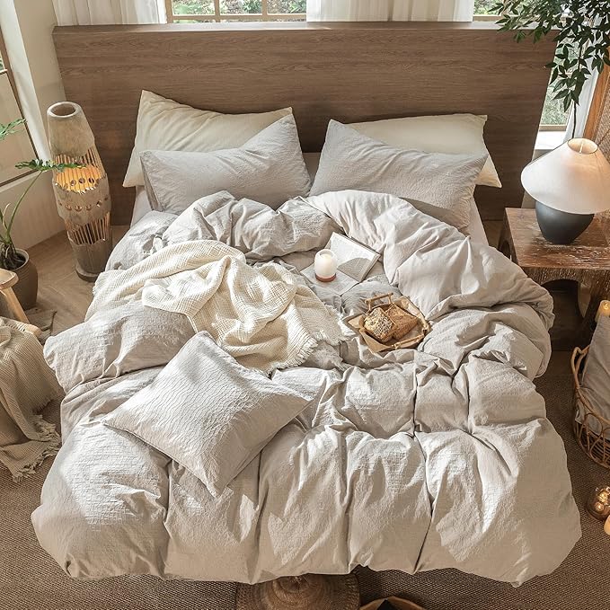 MooMee Wavy Striped Duvet Cover Set 100% Washed Cotton Linen Like Textured Breathable Durable Soft Comfy (Beige, Super King 108"x98")