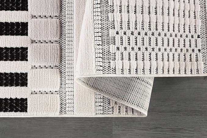 CAMILSON Modern Rug 5x7 Luxury Geometric Pattern Micro Loop Area Rugs Soft High and Low Pile Stain Resistant Easy to Clean Non-Shedding Durable Living Room Kitchen Indoor Carpet (White/Black)