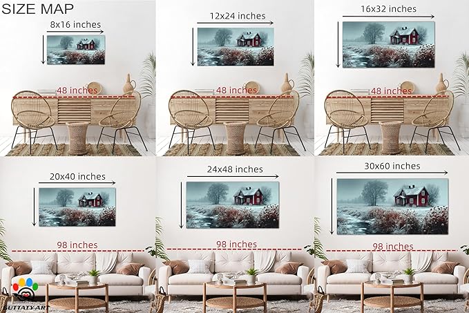 GUTTATY Winter Christmas Canvas Wall Art, Frosty Landscape Canvas Prints, Red Cottage and Nature Wall Hanging Artwork, Rustic Snowy Scene Picture Decor for Living Room, Bedroom, 32x16 Inch