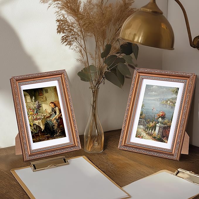 eletecpro 5x7 Picture Frames Set of 2, Vintage Photo Frames with Real Glass, Displays 4x6 Photo with Mat or 5x7 without Mat for Tabletop or Wall Decor, Bronze