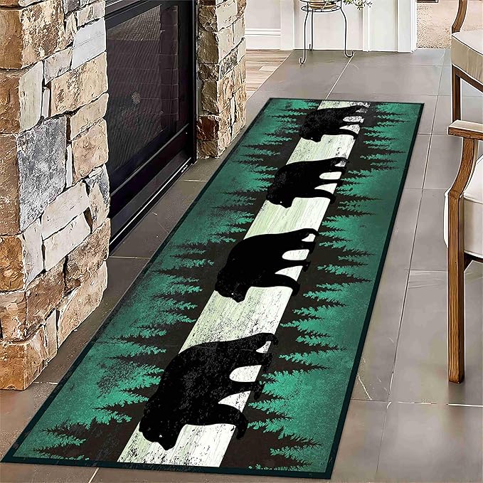 Western Cabin Lodge Runner Rug,2.6x7ft,Rustic Green Pine Bear Printed Hallway Rugs,Wildlife Long Hallway Runners Carpet,Pet Friendly Non-Shedding Farmhouse Rug for Entryway