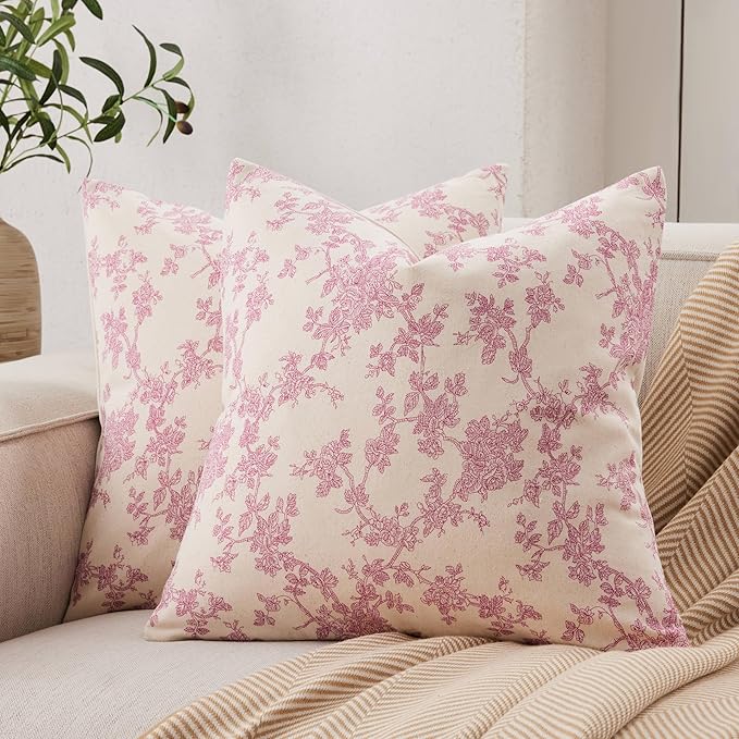 100% Cotton French Pastoral Throw Pillow Covers Set of 2, 18x18 Inch Pink Farmhouse Decorative Cushion Covers for Sofa Bed Living Room Home Decor