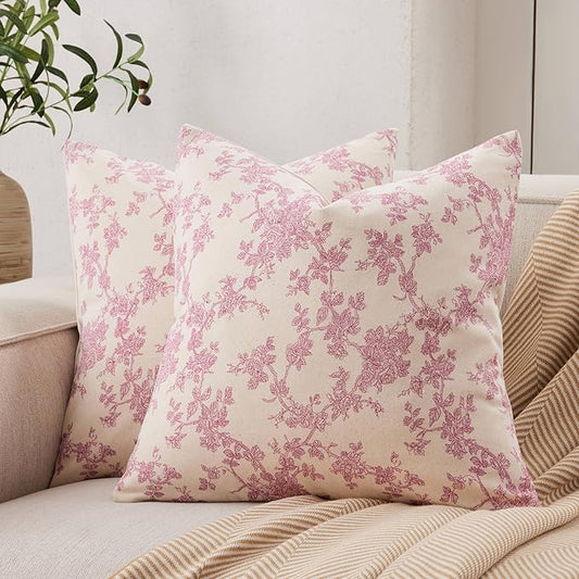 100% Cotton French Pastoral Throw Pillow Covers Set of 2, 16x16 Inch Pink Farmhouse Decorative Cushion Covers for Sofa Bed Living Room Home Decor