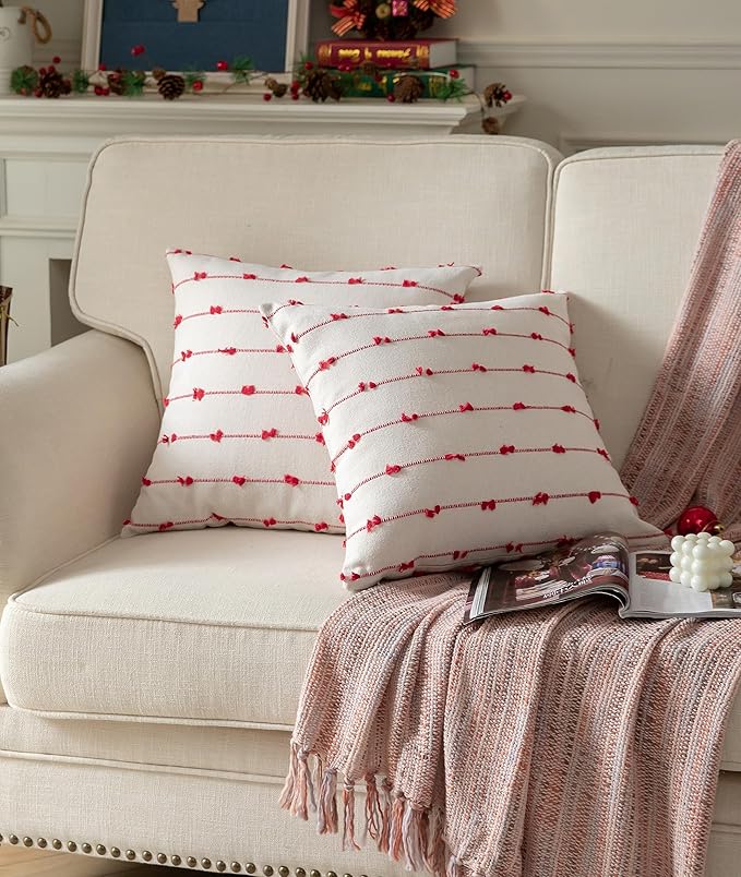 Caflife Boho Christmas Throw Pillow Covers 22x22 inches Beige and Red, Set of 2 Modern Farmhouse Holiday Decorative Pillow Covers for Couch Sofa Bed, Living Room