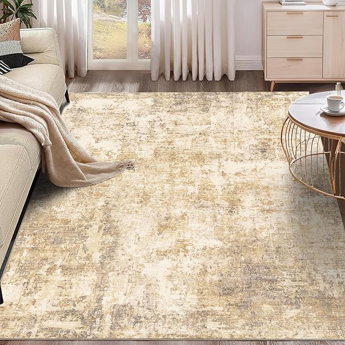 5x7 Modern Abstract Rug Washable Area Rugs for Living Room Bedroom Dining Room Non-Slip Low Pile Neutral Large Rug Soft Indoor Floor Carpet, Gold
