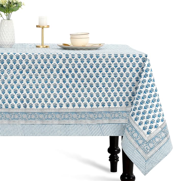 CPC Tablecloth 100% Cotton 72x140 Inch Indian Block Print Rectangle Table Cover, Blue Table Cloth for Weddings, Spring/Summer, Barbeque - Apatite Blue