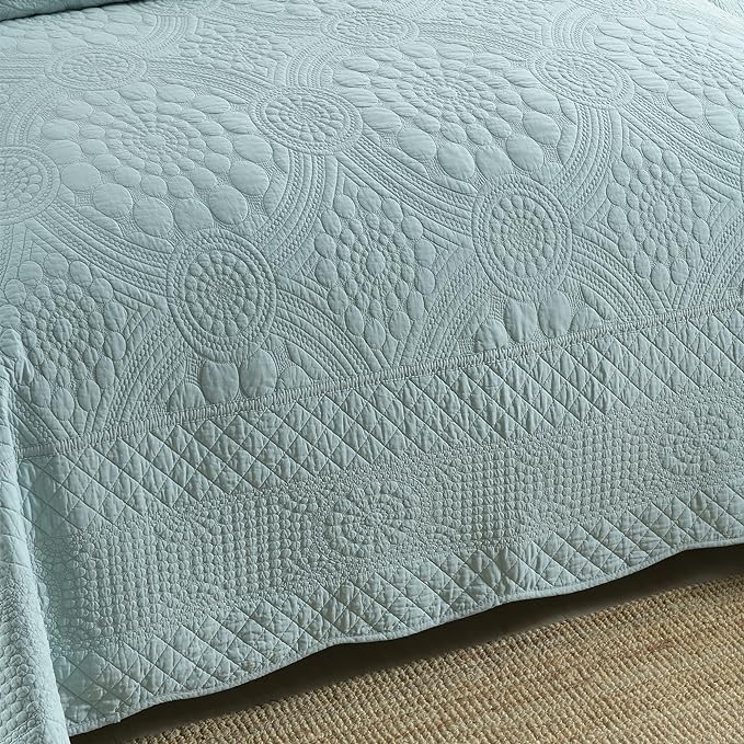 MarCielo 3-Piece 100% Cotton Oversized Bedspread Lightweight Quilt Coverlet Embroidery Farmhouse Bedding (Tf Aruba Blue, Oversized Queen (100"x106"))