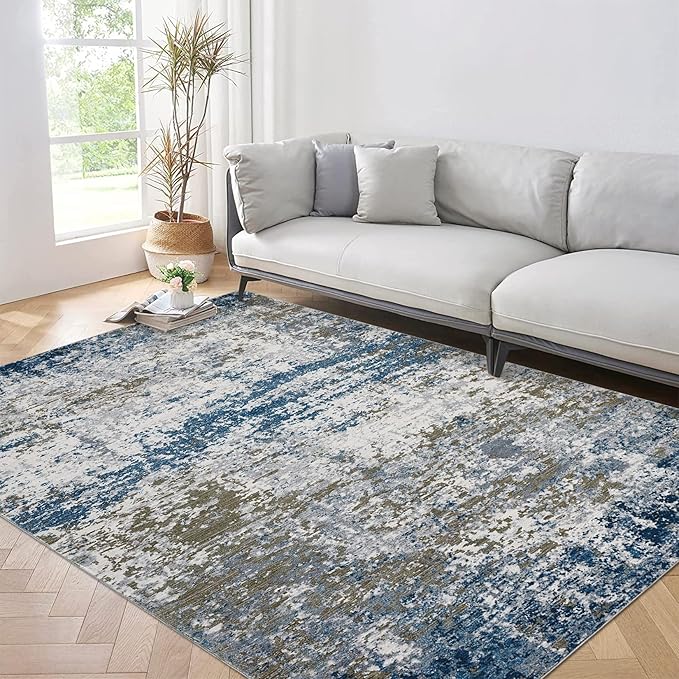 9x12 Modern Abstract Accent Rug Non Slip Stain Resistant Throw Rug Low Pile Washable Indoor Floor Cover for Living Room Bedroom Office Home Decor, Navy
