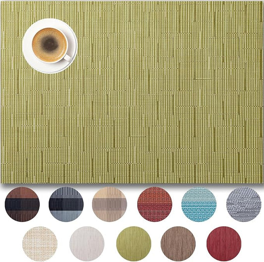 Placemats Set of 6 - Easy Clean Woven Vinyl Placemats for Dining Table, Indoor/Outdoor Place Mats, Washable PVC Table Mats （Pea Green）