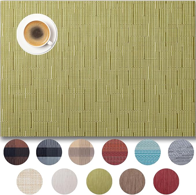 Placemats Set of 4 - Easy Clean Woven Vinyl Placemats for Dining Table, Indoor/Outdoor Place Mats, Washable PVC Table Mats （Pea Green）