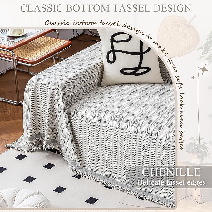 ALIECOM Boho Couch Covers for Sectional Sofa 2 Piece Thick Chenille L Shape Sectional Sofa Cover for Dogs Couch Cover Blanket Sofa Slipcovers Pet Furniture Protector Washable (XX-Large, Lines Black)