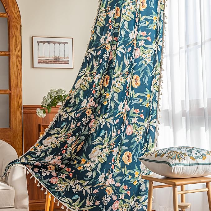 Boho Floral Curtains French Country Farmhouse Curtains 72 Inches Long Light Filtering Window Rod Pocket Drapes for Living Room 2 Panels-Navy Blue Floral