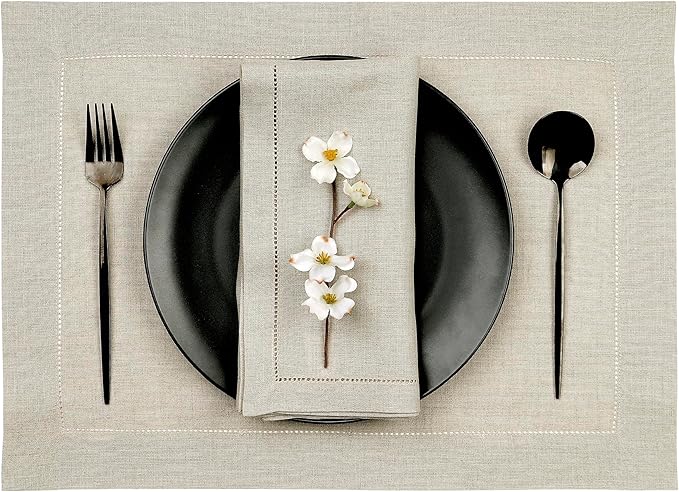 D'Moksha Homes Linen Placemats Set of 6 - Classic Hemstitch Natural Placemats 14 x 19 Inch - 100% Pure Linen Table Mats for Winter, Christmas, Holiday - Handcrafted and Machine Washable