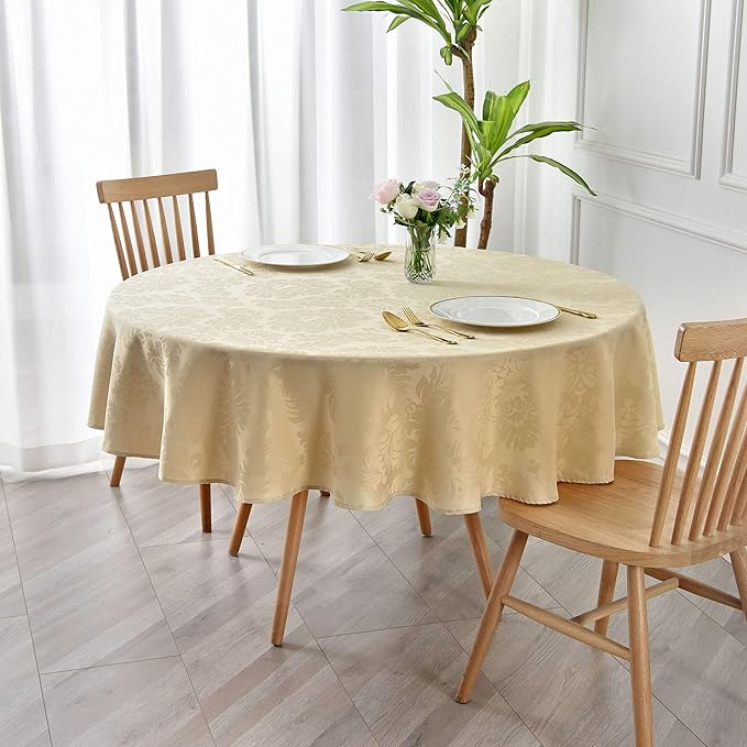 maxmill Round Jacquard Tablecloths Damask Design Spillproof Wrinkle Free Heavy Weight Soft Table Cloth for Circular Table Cover of Buffet Banquet Parties Holiday Dinner Round 90 Inch Beige