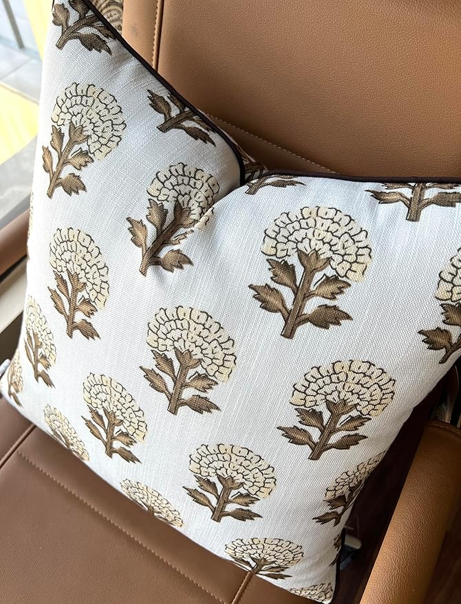 Babur Floral Printed Decorative Square Accent Throw Pillow Cover - Decor for Living Room, Sofa, Chair, Patio, Car, Balcony, Bench, Porch, Nursery, Office, Bedroom - 20x20 Inches, Brown