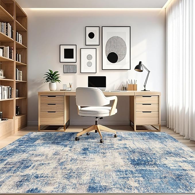 6x9 Modern Abstract Rug Washable Area Rugs for Living Room Bedroom Dining Room Non-Slip Low Pile Neutral Large Rug Soft Indoor Floor Carpet, Blue