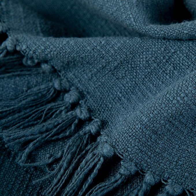 Sticky Toffee Woven Cotton Throw Blanket 60x50 in – Blue Navy Textured Blanket with Fringe for Couch or Bed, Thick and Durable Boho Decorative Throw