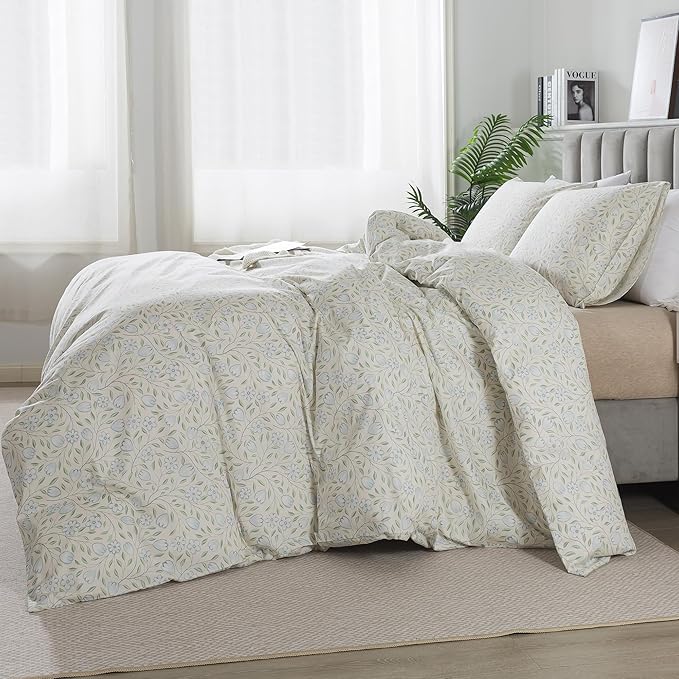 HoneiLife Floral Duvet Cover King - 100% Cotton Comforter Cover, Soft & Breathable Bedding Duvet Cover Sets with Zipper Closure & Corner Ties, 3-PC Wildflower Comforter Cover Sets, Early Summer