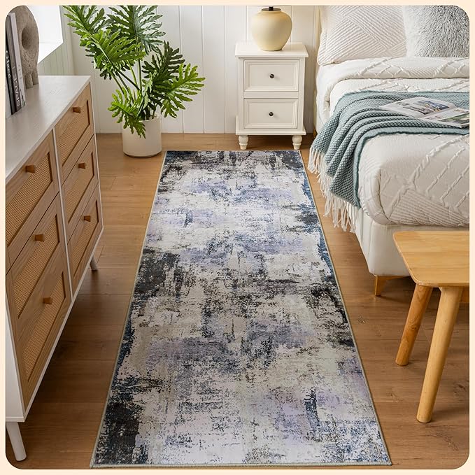 Istana Hallway Runner Rug 2.5x8 - Grey Navy Kitchen Rugs Non Slip Washable -Silk's Soft Touch Carpet Runner - Stylish Rugs for Home