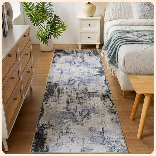 Istana Hallway Runner Rug 2.5x8 - Grey Navy Kitchen Rugs Non Slip Washable -Silk's Soft Touch Carpet Runner - Stylish Rugs for Home