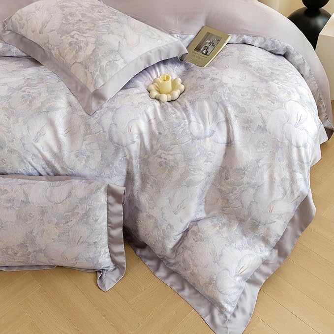 ECOCOTT Bedding 3-Piece Duvet Cover King Size, Silky Soft 100% Lyocell, Hypoallergenic & Eco-Friendly, Elegant Bloom (Soft Purple) Floral Pattern, Cooling & Breathable for Hot Sleepers