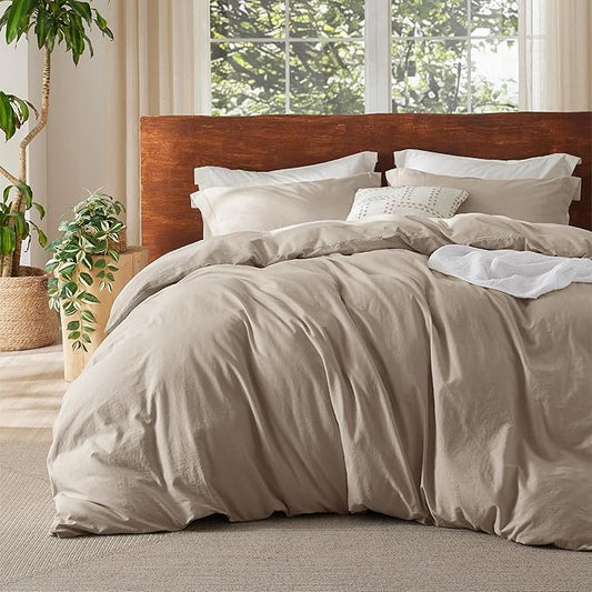 Bedsure 100% Washed Cotton Duvet Cover Oversized King - Frosted Almond Minimalist Cotton Duvet Cover Linen Like - GentleSoft™ Plain Simple Bedding (Frosted Almond, Oversized King, 120"x98")