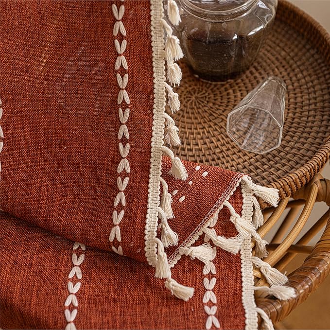 Sutuo Home Boho Window Curtains for Nursery Kid's Room, Burnt Orange Light Filtering Linen Farmhouse Privacy Window Treatment Bohemian Embroidery Strips, Rod Pocket 1 Panel 52" W x 72" L, Terracotta