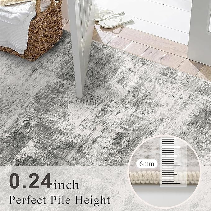 2.6x8 Modern Abstract Rug Washable Area Rugs for Living Room Bedroom Dining Room Non-Slip Low Pile Neutral Large Rug Soft Indoor Floor Carpet, Gray